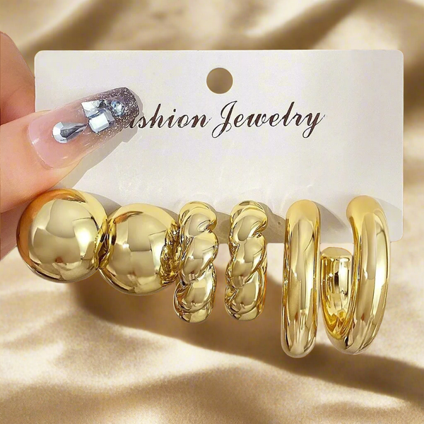 3pairs Gold Chunky Earrings Combo Card