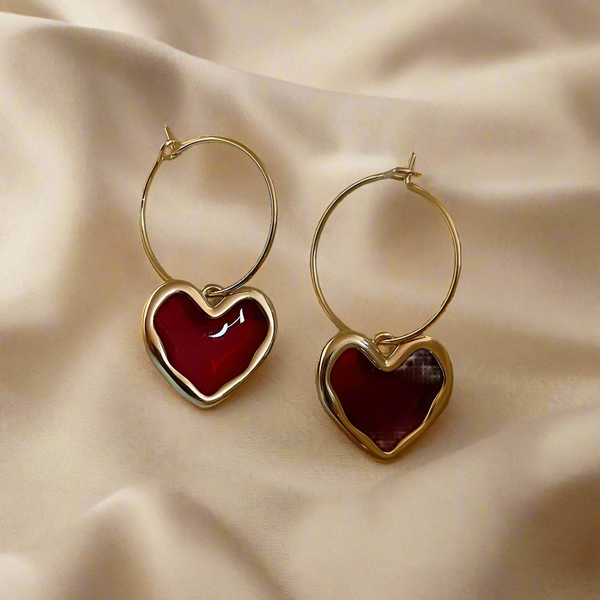 Blood Red Heart Drop Hoops Earrings
