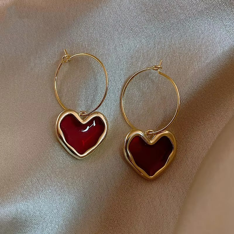 Blood Red Heart Drop Hoops Earrings