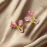 Cute Pink Tulip Crystal Stud Earrings