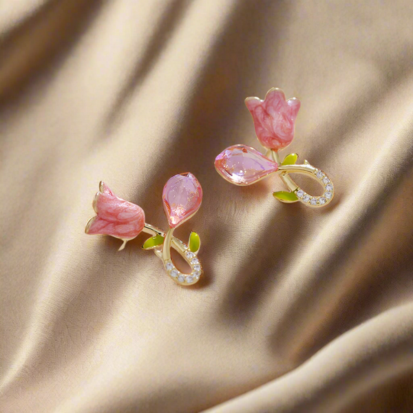 Cute Pink Tulip Crystal Stud Earrings