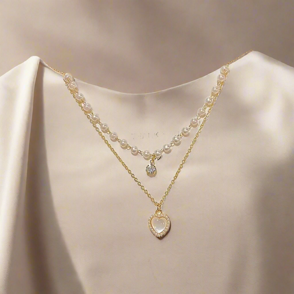 Double Layer Pearl Chain Heart Necklace