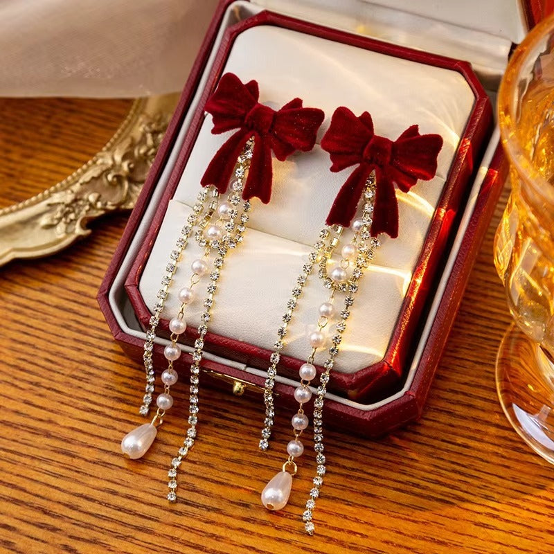 Detachable Bow Pearl Tassels Earrings