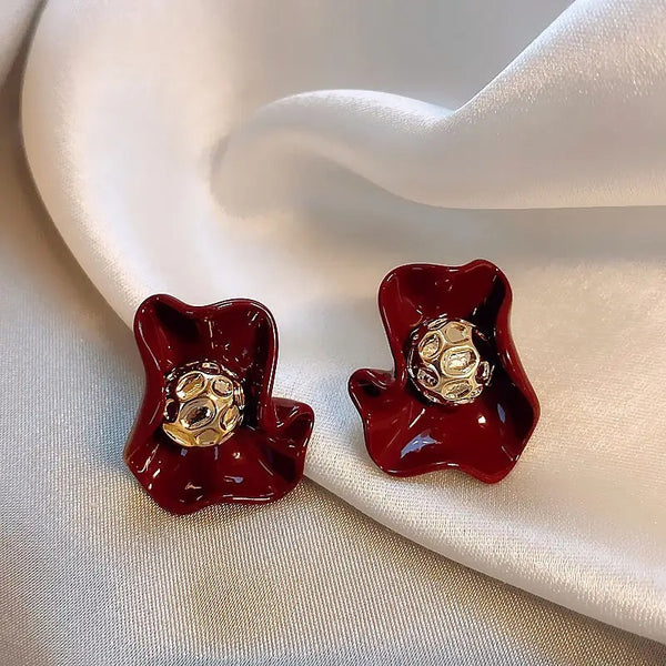 Cherry Red Irregular Folded Petal Studs