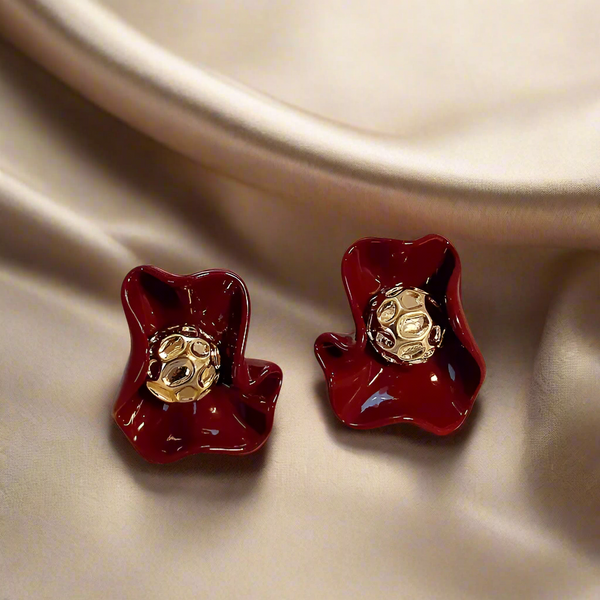Cherry Red Irregular Folded Petal Studs