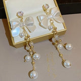 Bow Pearl Tassel Long Earrings