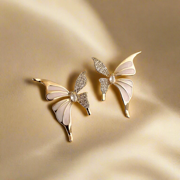 White Enamel & Stone Butterfly Stud Earrings