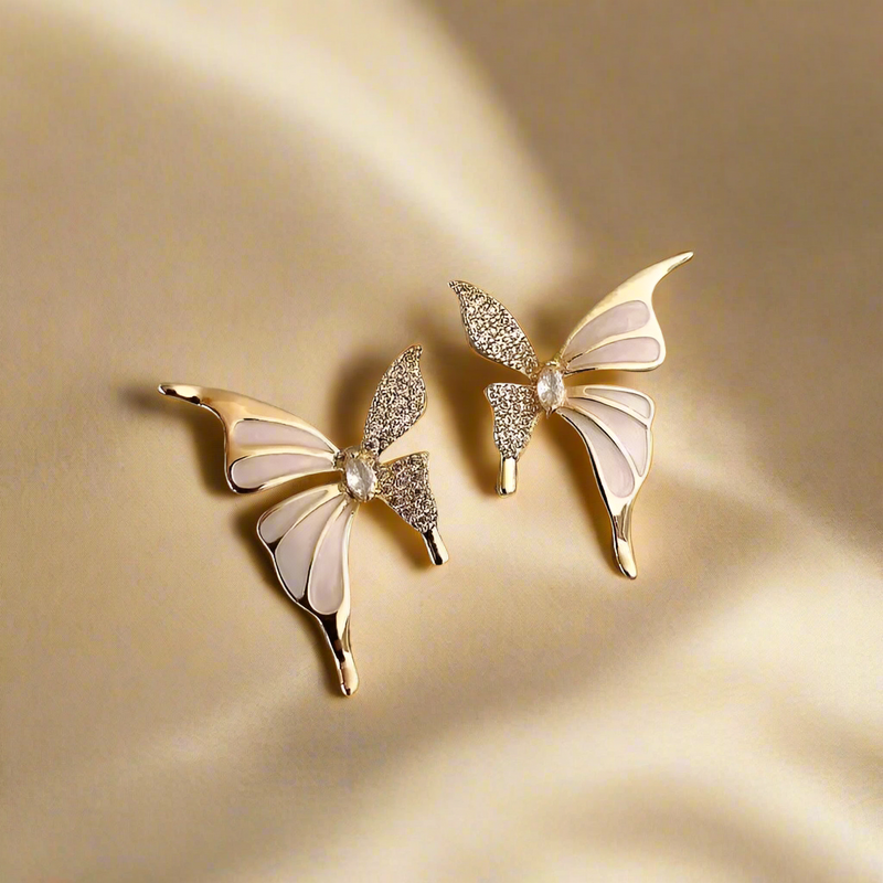 White Enamel & Stone Butterfly Stud Earrings