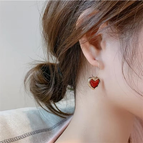 Blood Red Heart Drop Hoops Earrings