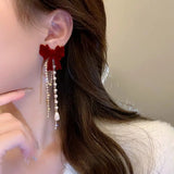 Detachable Bow Pearl Tassels Earrings
