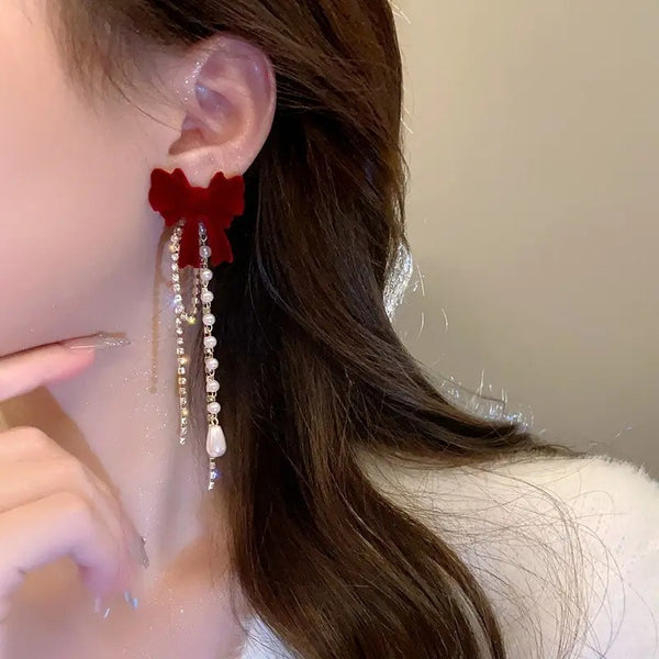 Detachable Bow Pearl Tassels Earrings