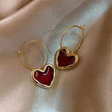 Blood Red Heart Drop Hoops Earrings