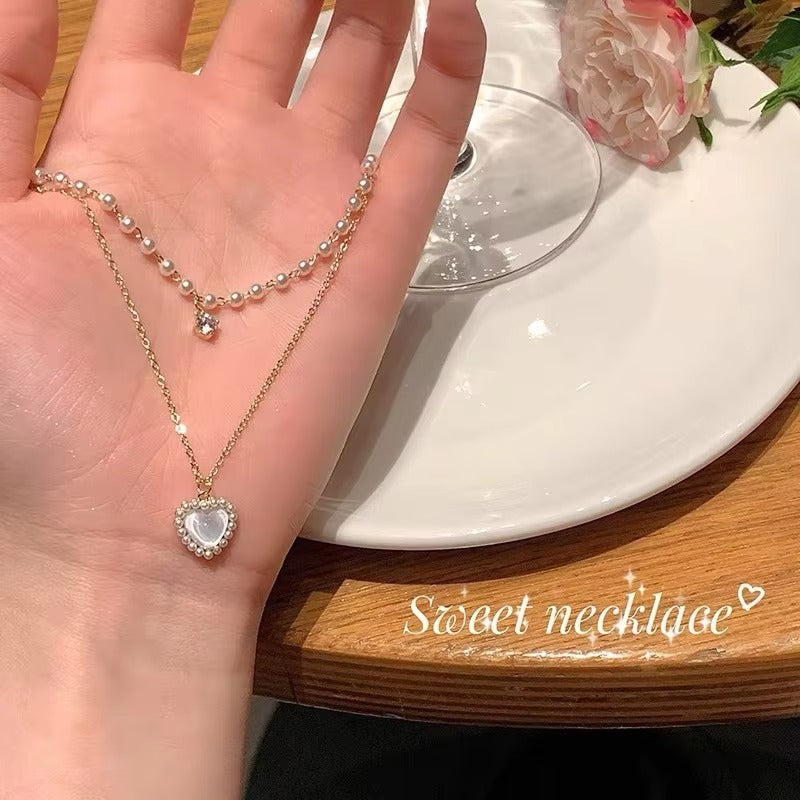 Double Layer Pearl Chain Heart Necklace