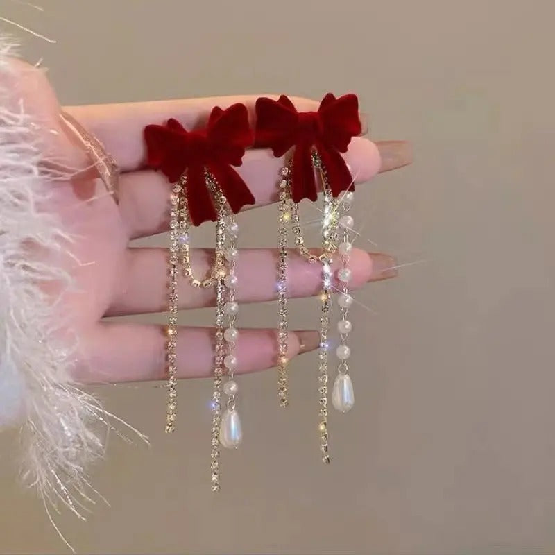 Detachable Bow Pearl Tassels Earrings
