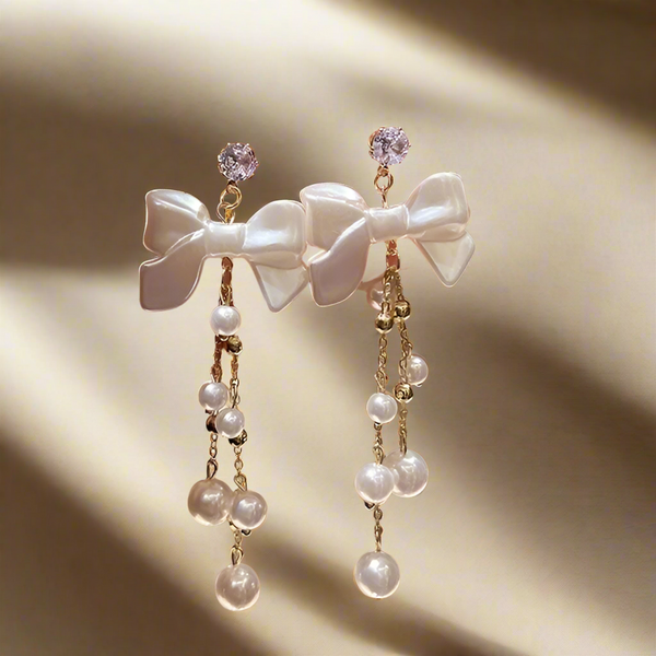 Bow Pearl Tassel Long Earrings