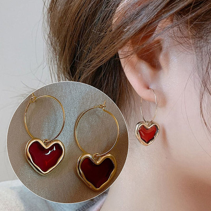 Blood Red Heart Drop Hoops Earrings