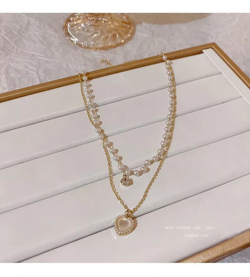 Double Layer Pearl Chain Heart Necklace