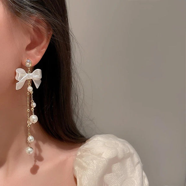 Bow Pearl Tassel Long Earrings