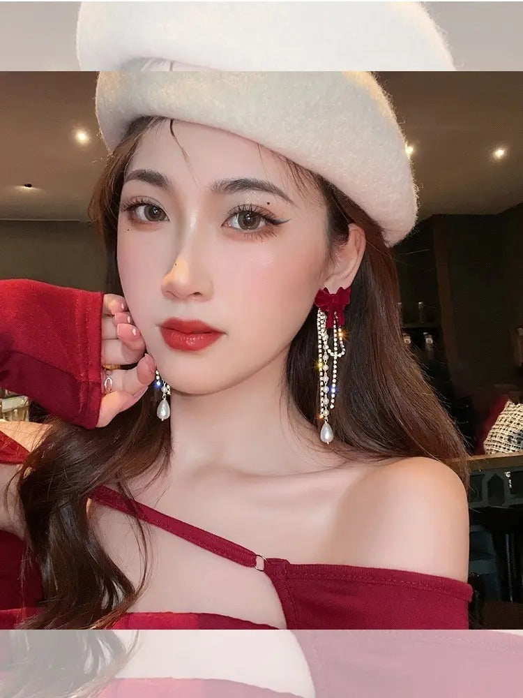 Detachable Bow Pearl Tassels Earrings