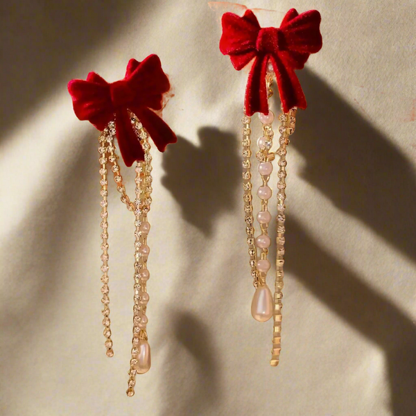 Detachable Bow Pearl Tassels Earrings