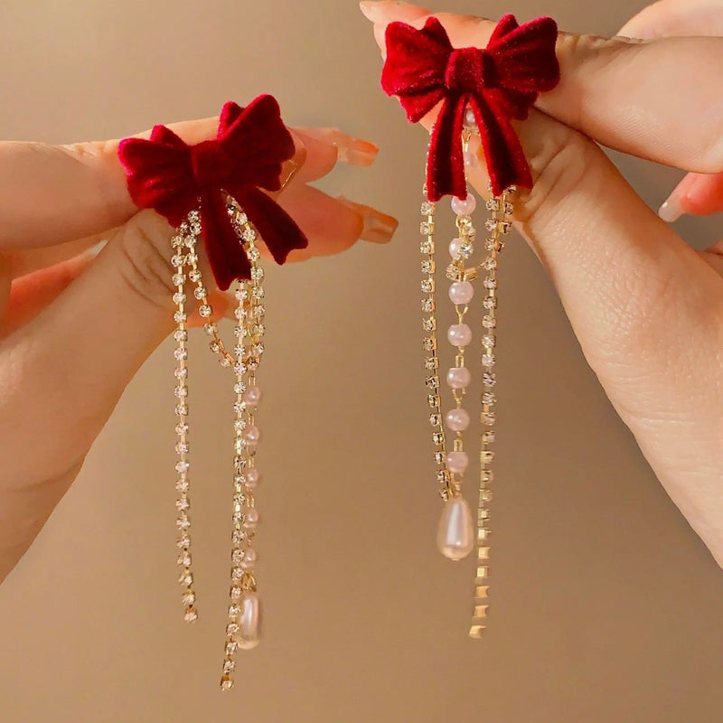 Detachable Bow Pearl Tassels Earrings